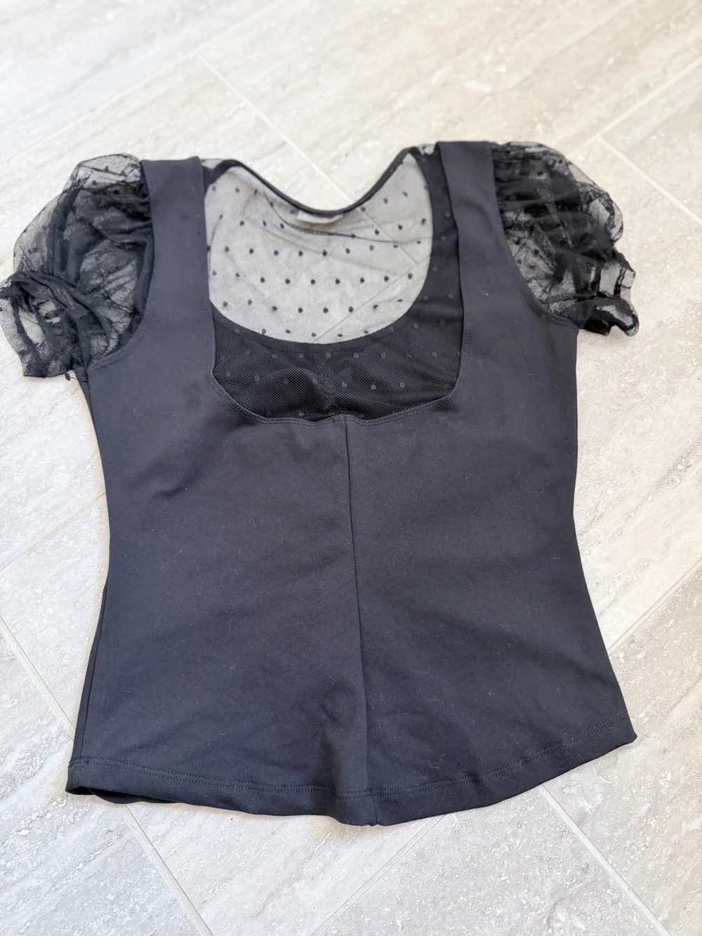 Free People Black Ruched Mesh Swiss Dot Puff Sleeve Top Women’s Small